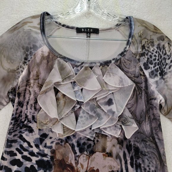 Bleu Womens Top Size S Blue Animal Print Flowy Ruffled Y2K Colorful Tunic Blouse - Picture 2 of 12